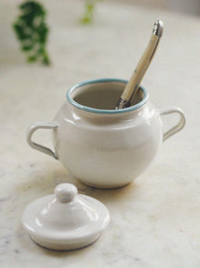  Pale Blue & White Enamel Sugar Bowl
