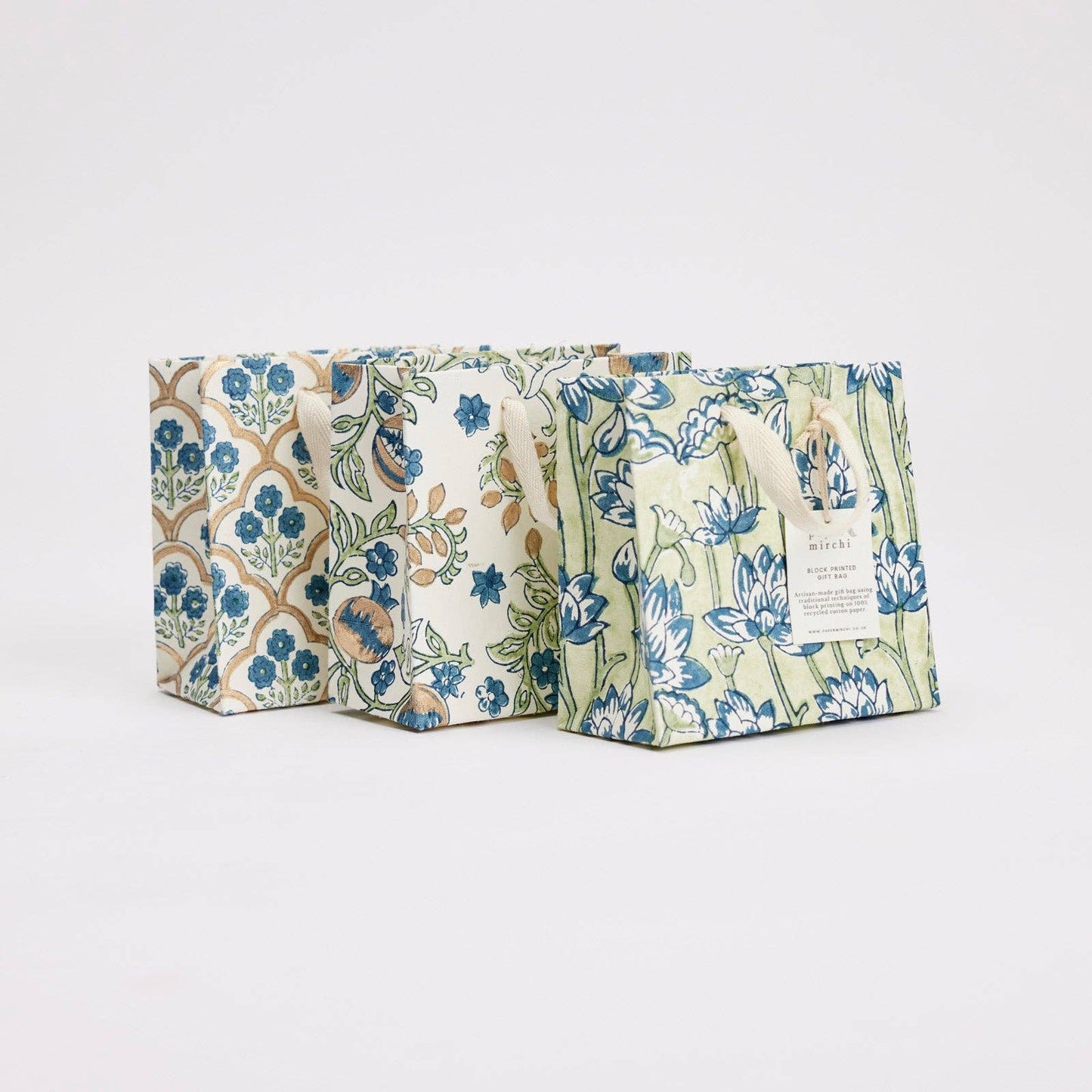 Small Hand Block Printed Gift Bags - Indigo - The Botanical Candle Co.