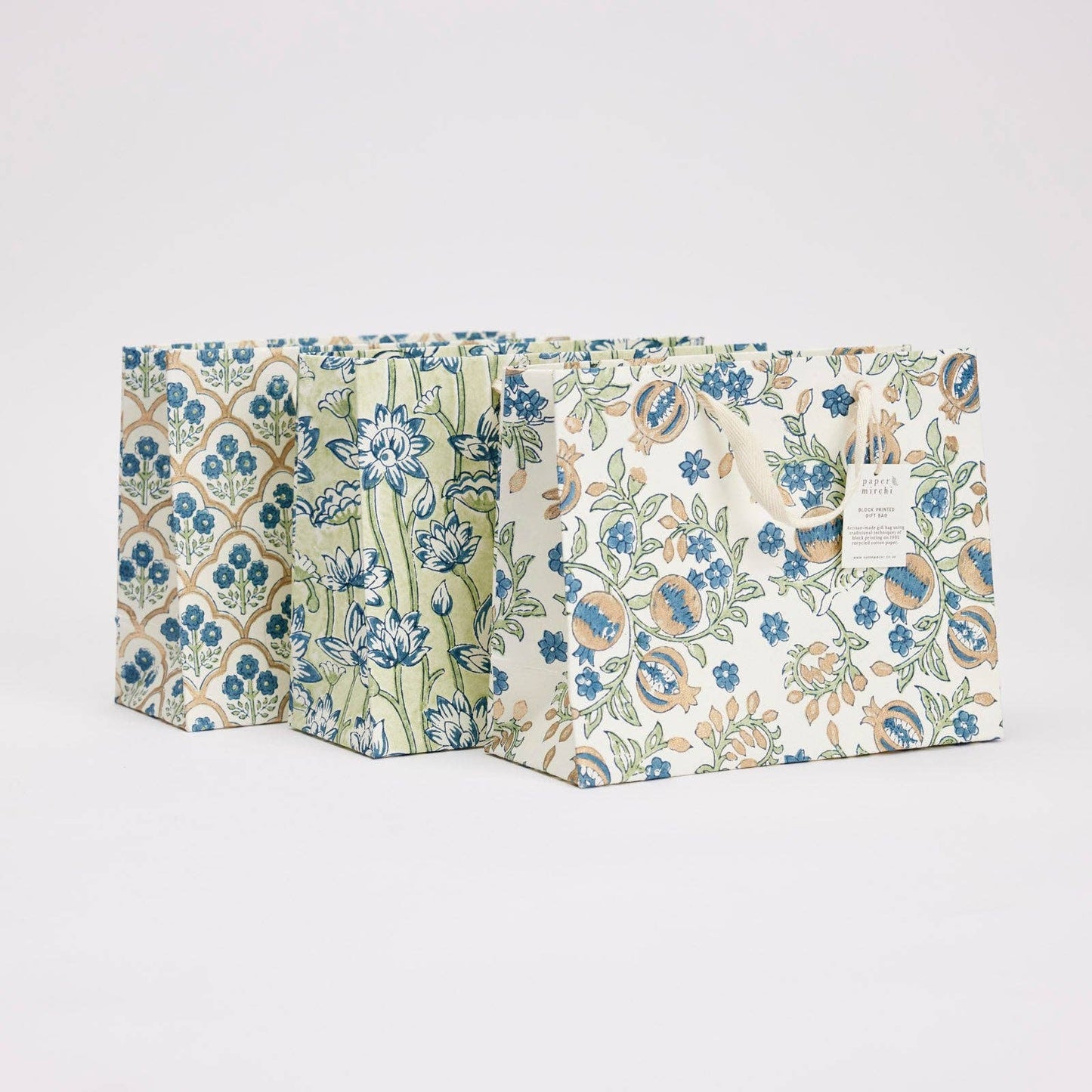 Medium Hand Block Printed Gift Bags - Indigo - The Botanical Candle Co.