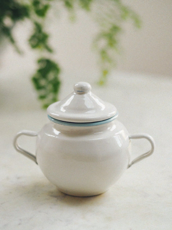Pale Blue & White Enamel Sugar Bowl - The Botanical Candle Co.