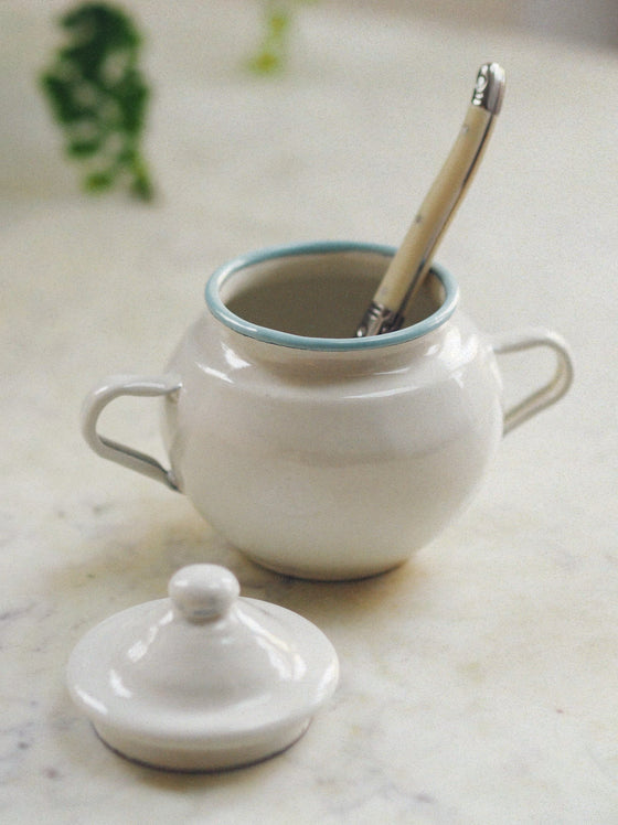Pale Blue & White Enamel Sugar Bowl - The Botanical Candle Co.