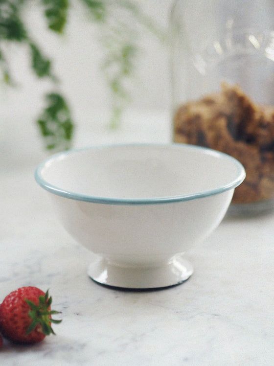 Pale Blue & White Footed Enamel Bowl - The Botanical Candle Co.