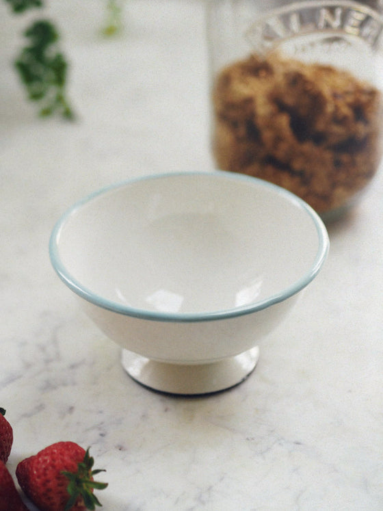 Pale Blue & White Footed Enamel Bowl - The Botanical Candle Co.