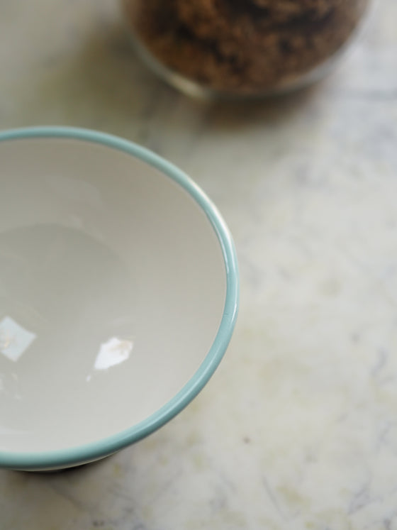 Pale Blue & White Footed Enamel Bowl - The Botanical Candle Co.