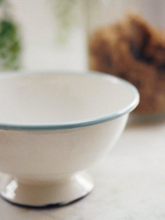 Pale Blue & White Footed Enamel Bowl - The Botanical Candle Co.
