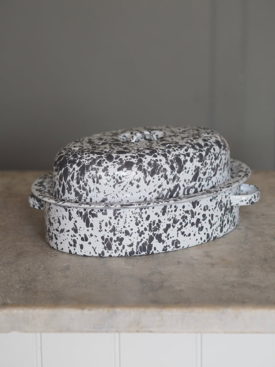 Grey & White Splatterware Enamel Chicken Roaster - The Botanical Candle Co.