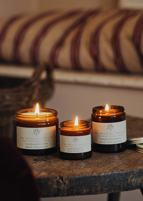 Sandalwood & Rose Geranium Soy Candles in Amber Jars - The Botanical Candle Co.