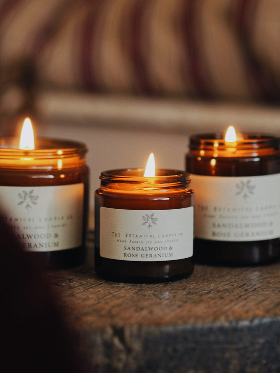 Sandalwood & Rose Geranium Soy Candles in Amber Jars - The Botanical Candle Co.
