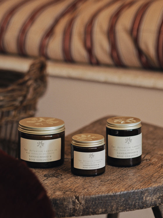 Sandalwood & Rose Geranium Soy Candles in Amber Jars - The Botanical Candle Co.