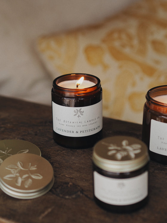 Lavender & Petitgrain Scented Soy Candles in Amber Jars - The Botanical Candle Co.