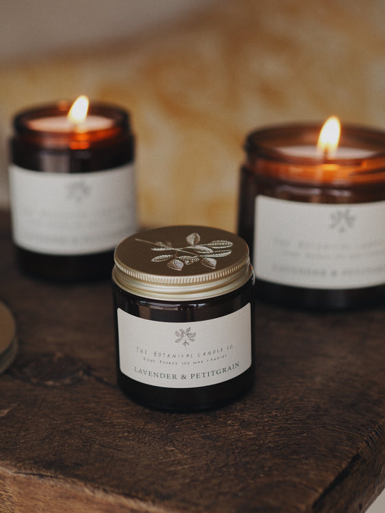 Lavender & Petitgrain Scented Soy Candles in Amber Jars - The Botanical Candle Co.
