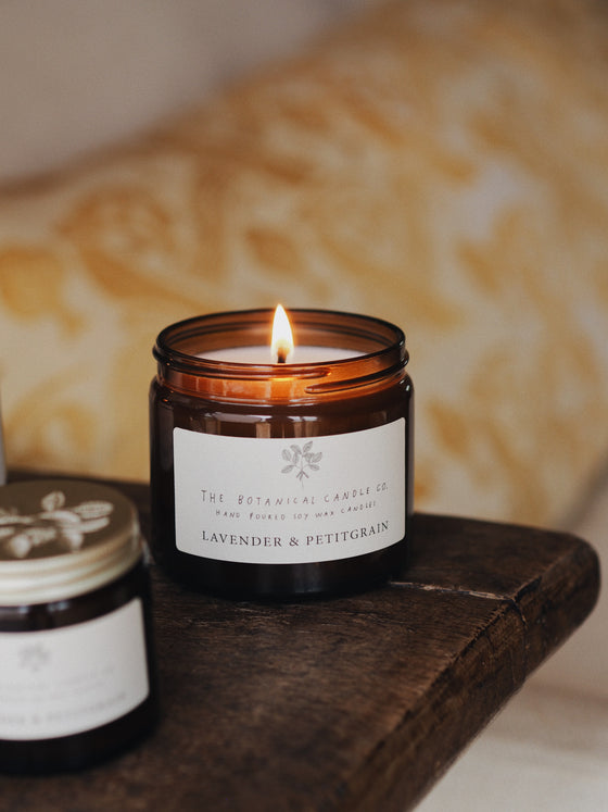 Lavender & Petitgrain Scented Soy Candles in Amber Jars - The Botanical Candle Co.