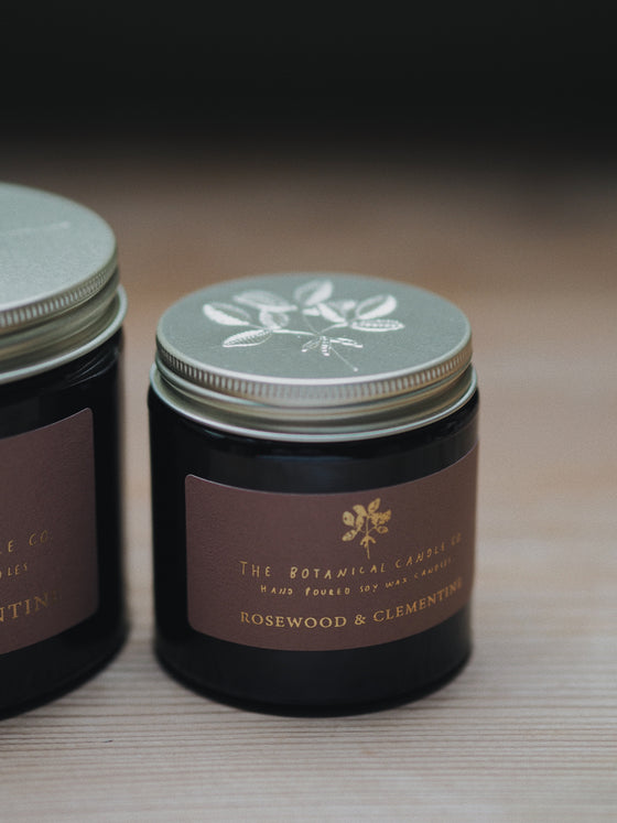 Rosewood & Clementine Soy Candles in Amber Jars - The Botanical Candle Co.