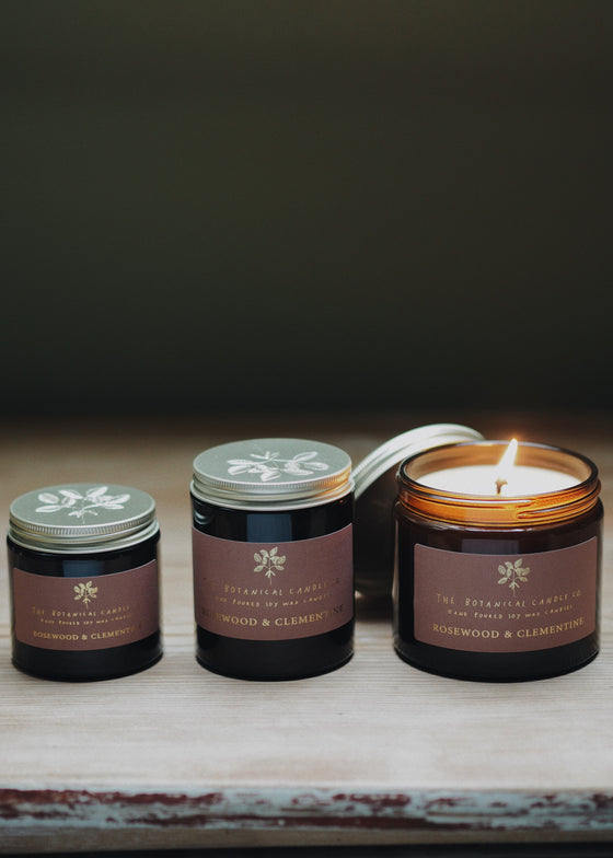 Rosewood & Clementine Soy Candles in Amber Jars - The Botanical Candle Co.