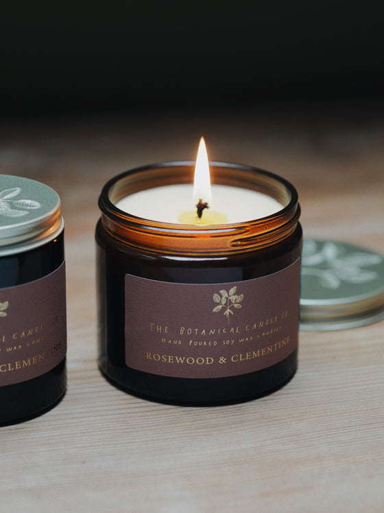 Rosewood & Clementine Soy Candles in Amber Jars - The Botanical Candle Co.