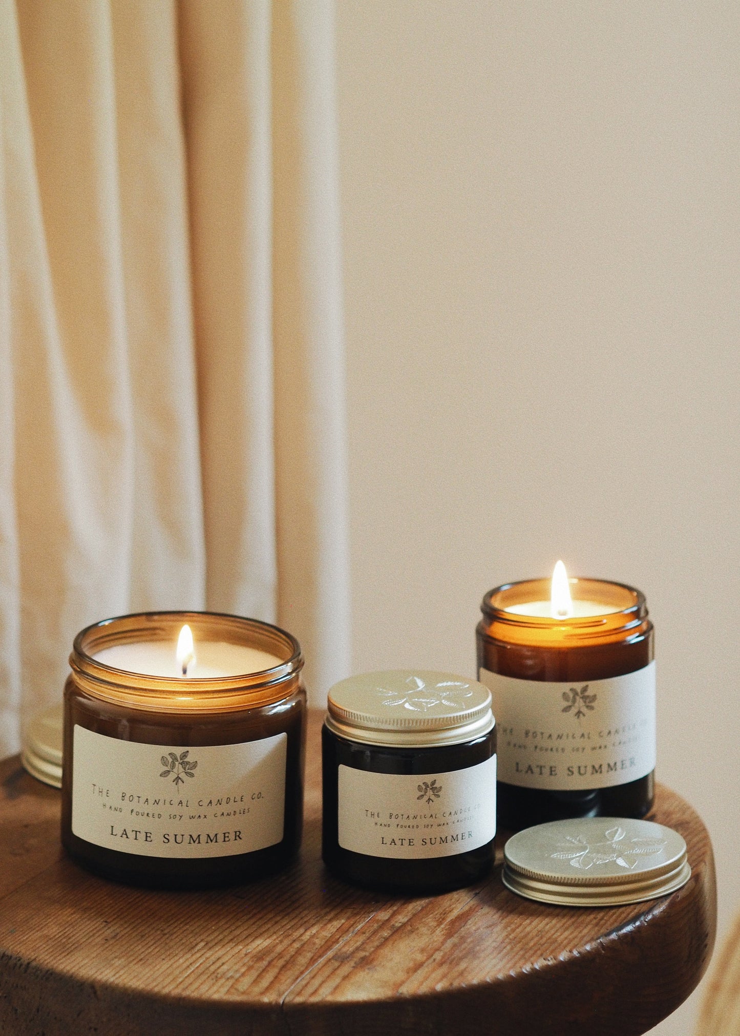 Late Summer Scented Soy Candles in Amber Jars - The Botanical Candle Co.