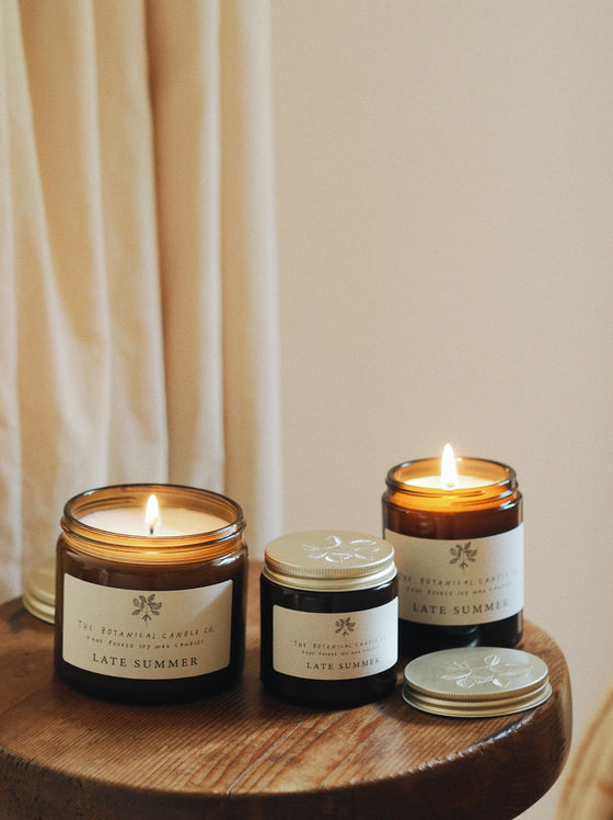 Late Summer Scented Soy Candles in Amber Jars - The Botanical Candle Co.
