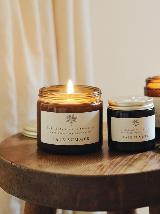 Late Summer Scented Soy Candles in Amber Jars - The Botanical Candle Co.