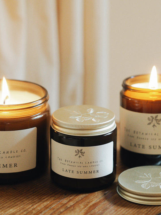 Late Summer Scented Soy Candles in Amber Jars - The Botanical Candle Co.