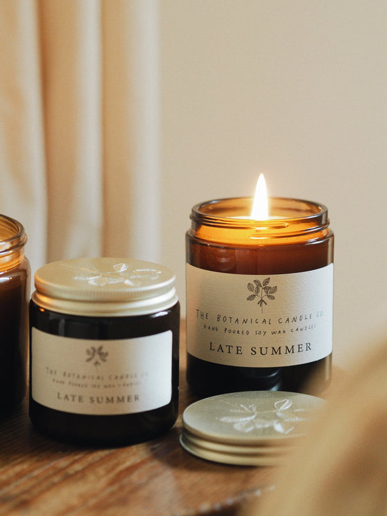 Late Summer Scented Soy Candles in Amber Jars - The Botanical Candle Co.