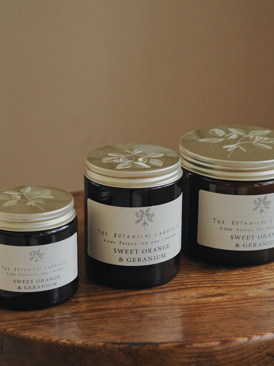 Sweet Orange & Geranium Soy Candles in Amber Jars - The Botanical Candle Co.
