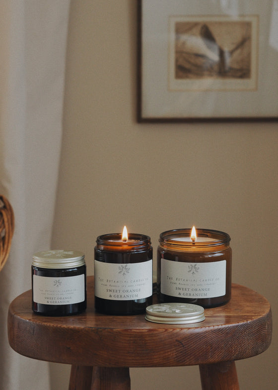 Sweet Orange & Geranium Soy Candles in Amber Jars - The Botanical Candle Co.