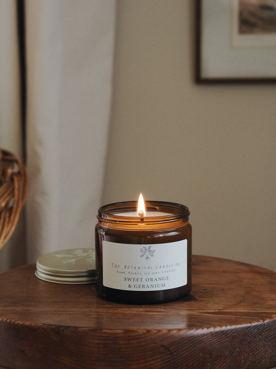 Sweet Orange & Geranium Soy Candles in Amber Jars - The Botanical Candle Co.