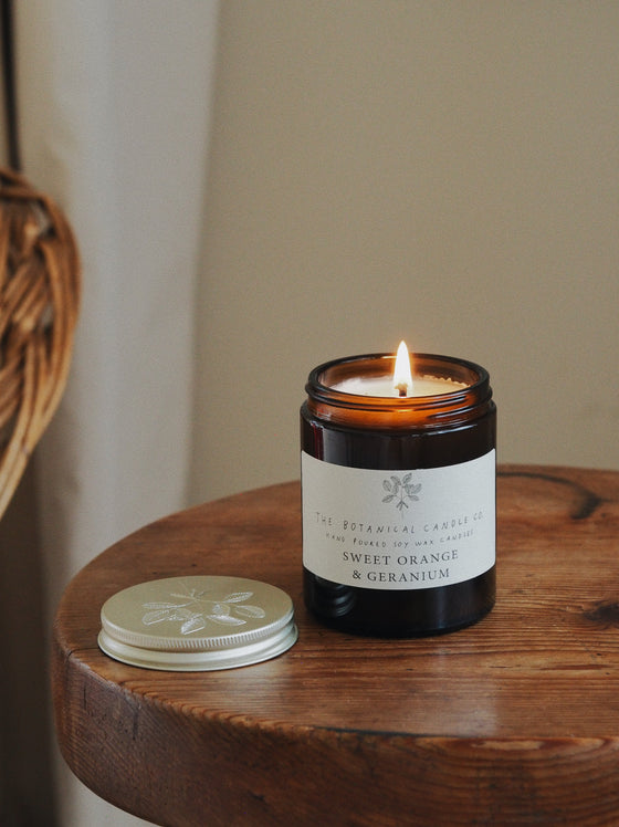 Sweet Orange & Geranium Soy Candles in Amber Jars - The Botanical Candle Co.