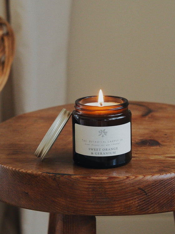 Sweet Orange & Geranium Soy Candles in Amber Jars - The Botanical Candle Co.