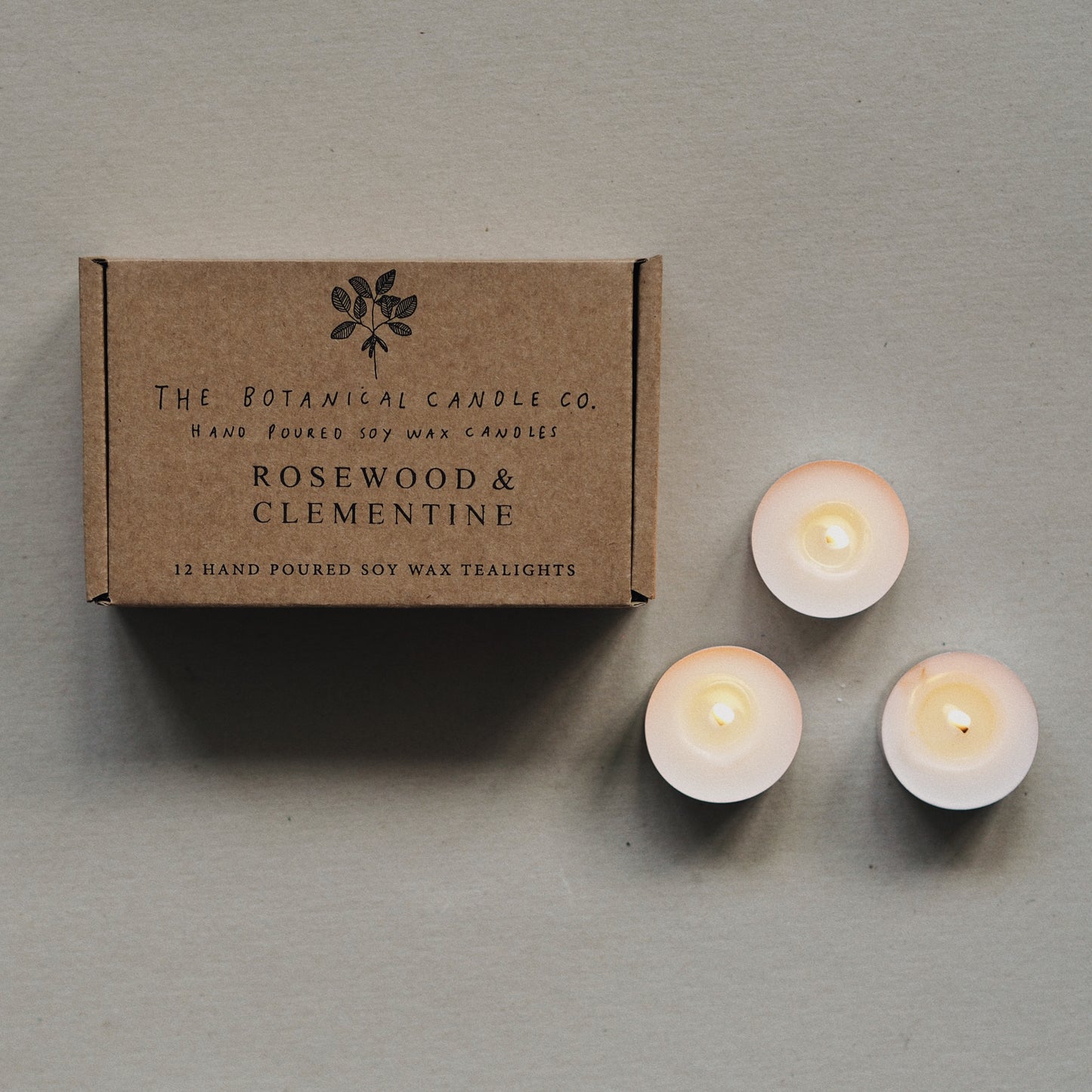 12 Rosewood & Clementine Scented Soy Wax Tealights - The Botanical Candle Co.