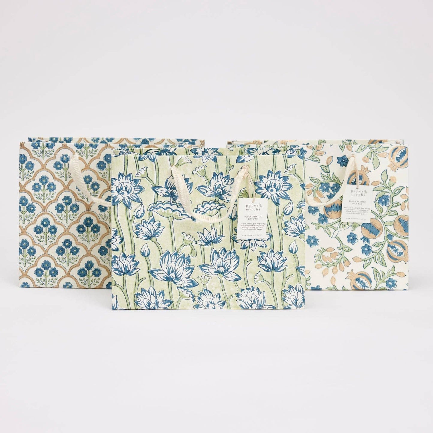 Medium Hand Block Printed Gift Bags - Indigo - The Botanical Candle Co.
