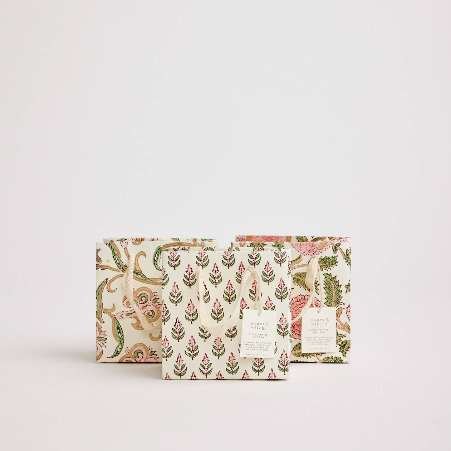 Small Hand Block Printed Gift Bags - Pinks - The Botanical Candle Co.