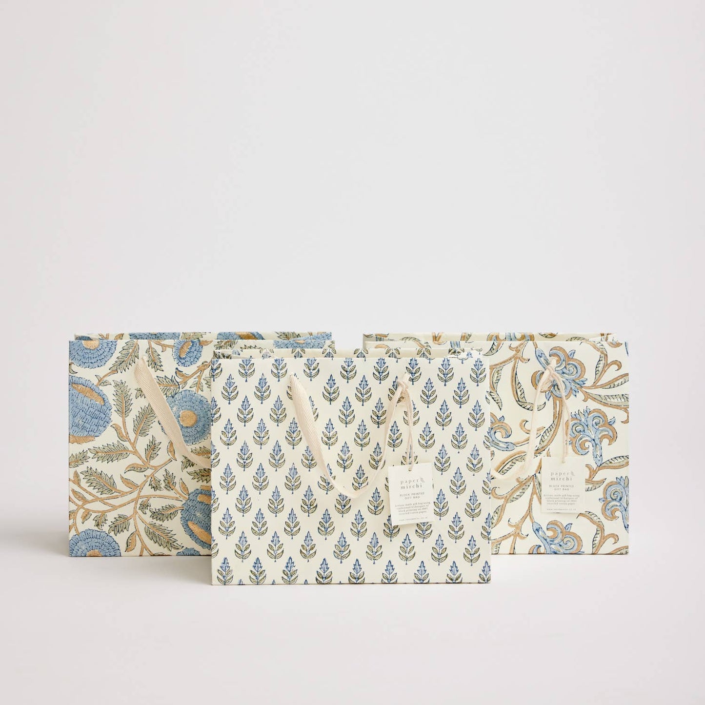 Medium Hand Block Printed Gift Bags - Blues - The Botanical Candle Co.