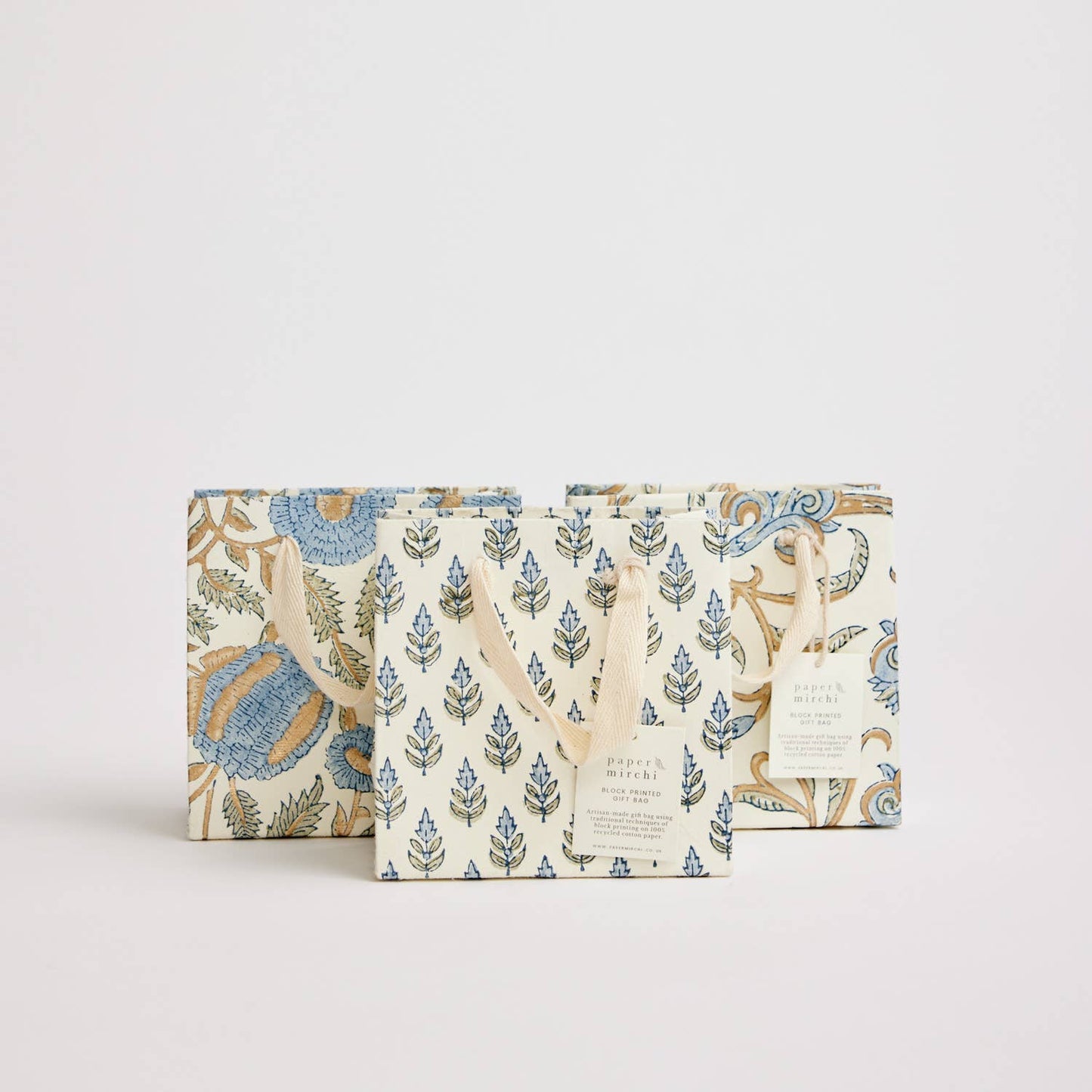 Small Hand Block Printed Gift Bags - Blues - The Botanical Candle Co.