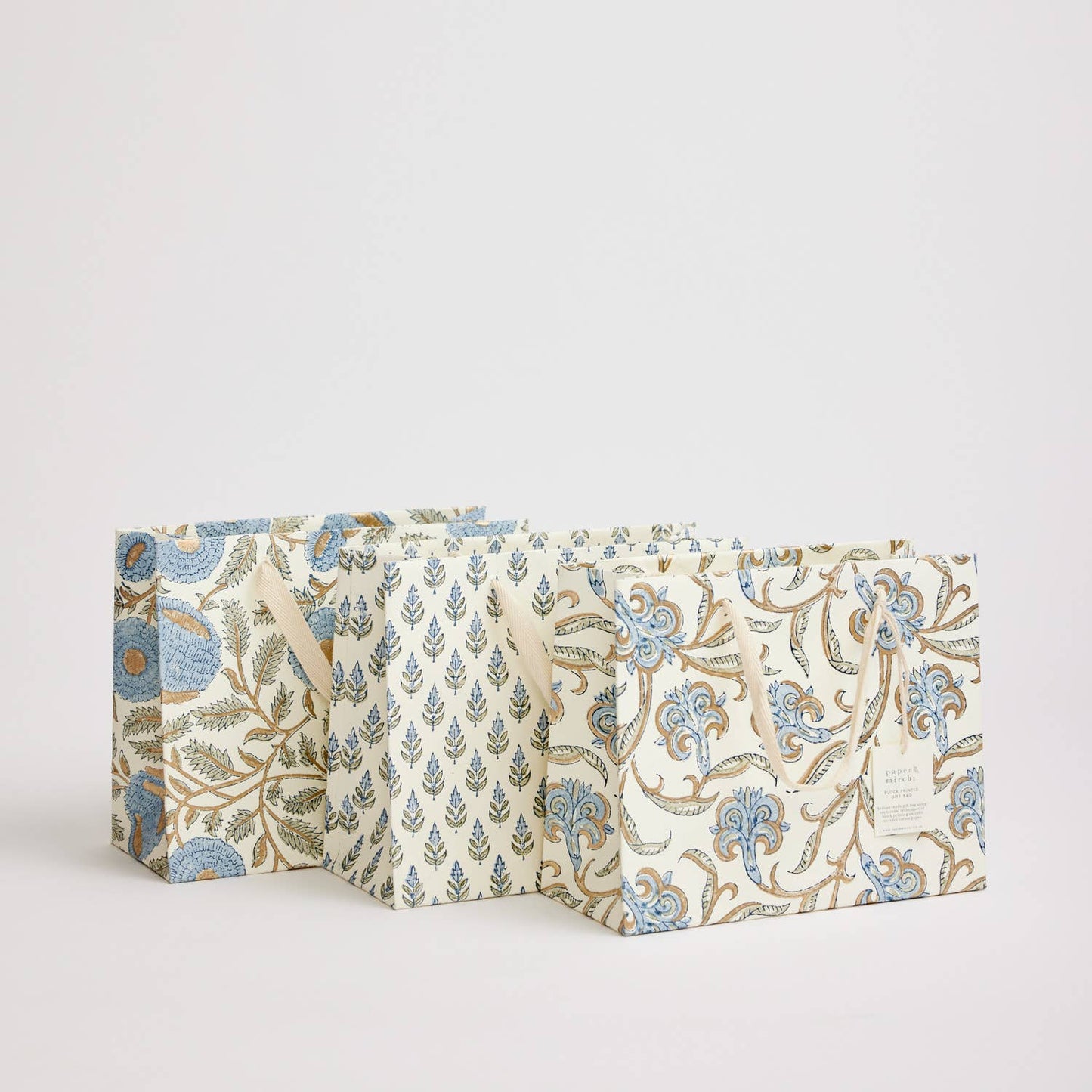 Medium Hand Block Printed Gift Bags - Blues - The Botanical Candle Co.