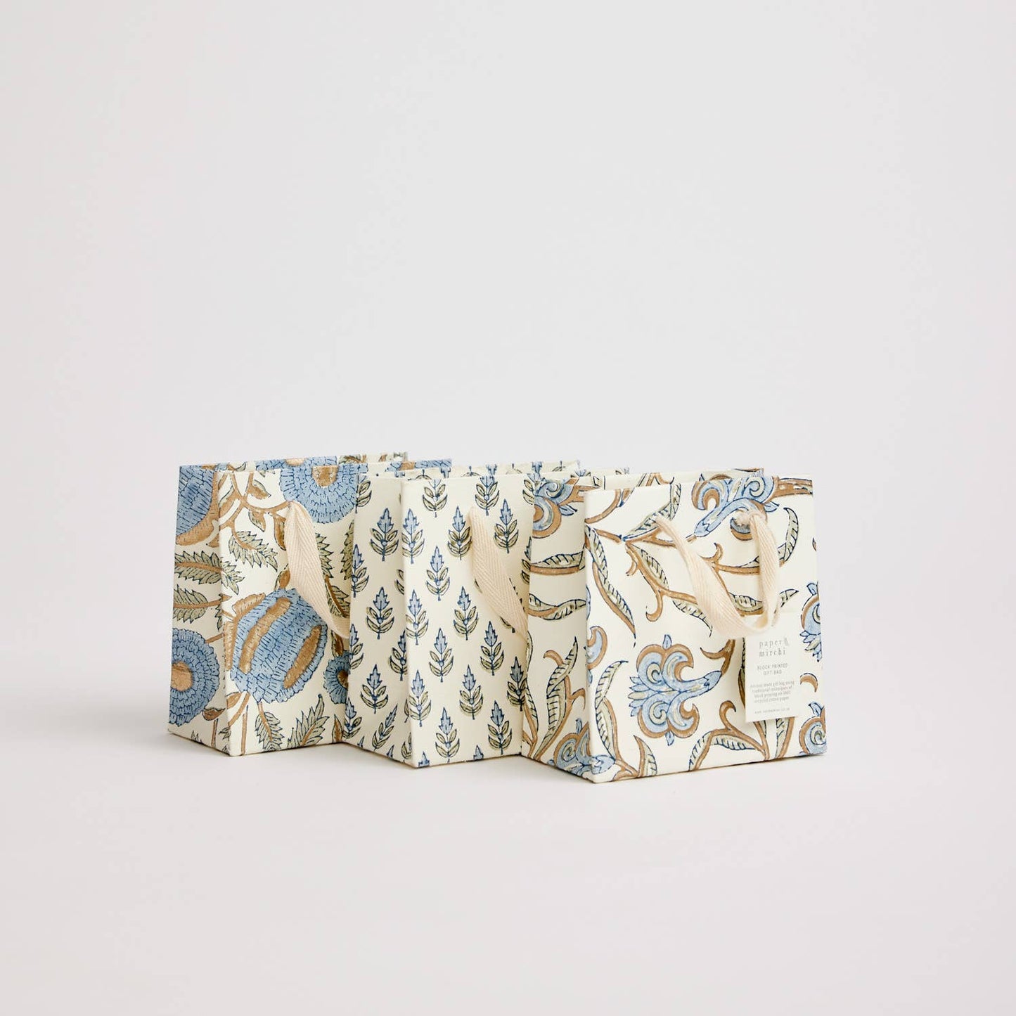 Small Hand Block Printed Gift Bags - Blues - The Botanical Candle Co.