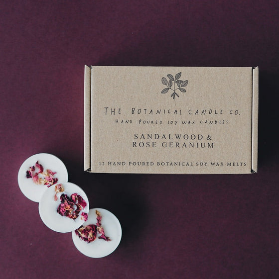 12 Sandalwood & Rose Geranium Scented Botanical Soy Wax Melts© - The Botanical Candle Co.