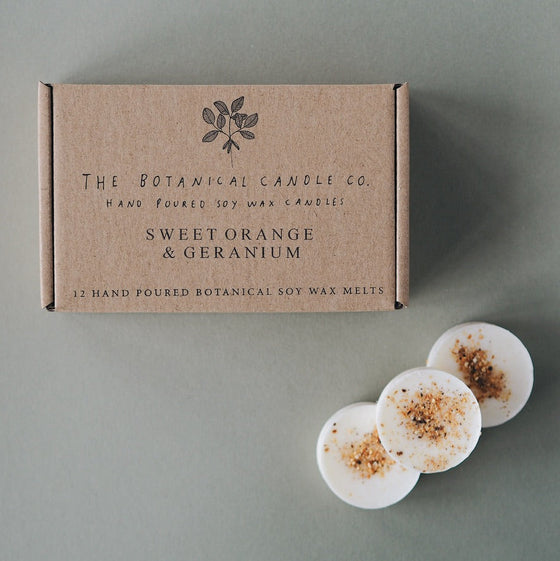 12 Sweet Orange & Geranium Scented Botanical Soy Wax Melts© - The Botanical Candle Co.