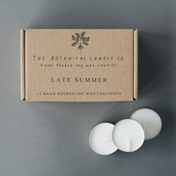 12 Late Summer Scented Soy Wax Tealights - The Botanical Candle Co.