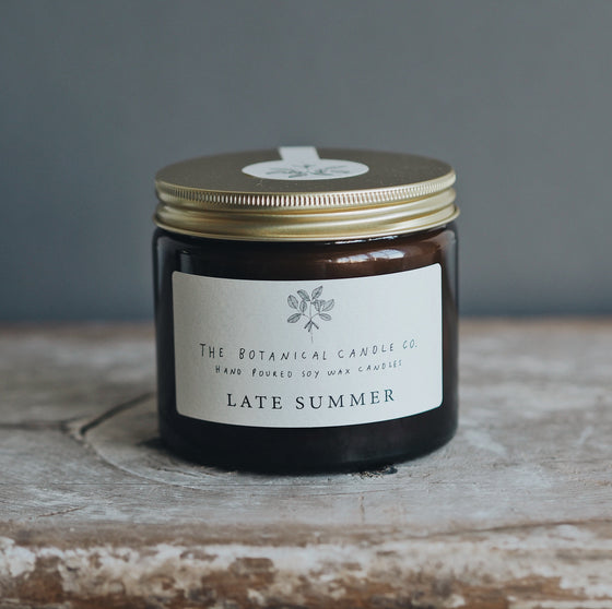 Late Summer Scented Soy Candles in Amber Jars - The Botanical Candle Co.