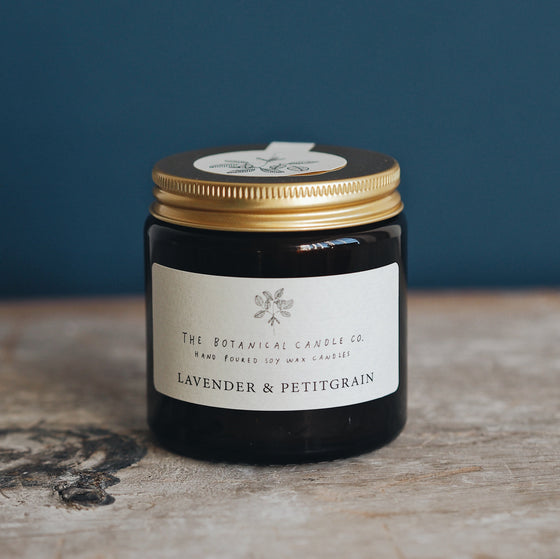 Lavender & Petitgrain Scented Soy Candles in Amber Jars - The Botanical Candle Co.