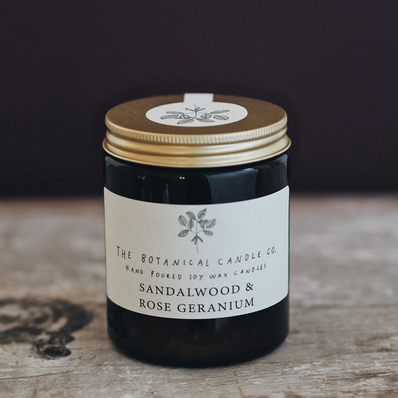 Sandalwood & Rose Geranium Soy Candles in Amber Jars - The Botanical Candle Co.